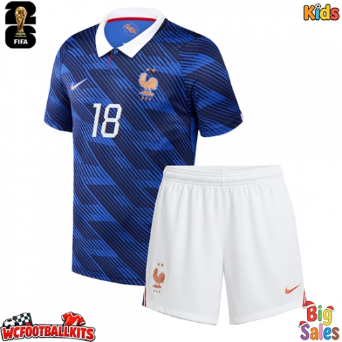 France Warren Zaire-Emery #18 Replica Home Stadium Kit for Kids World Cup 2026 Short Sleeve (+ pants)